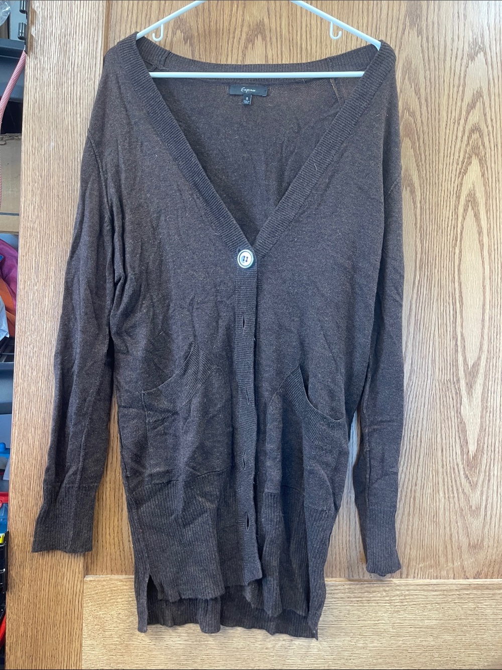 Express Long Brown V-Neck Button Cardigan